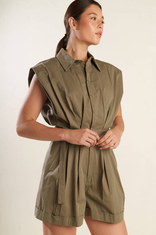 Olive Belted Woven Romper